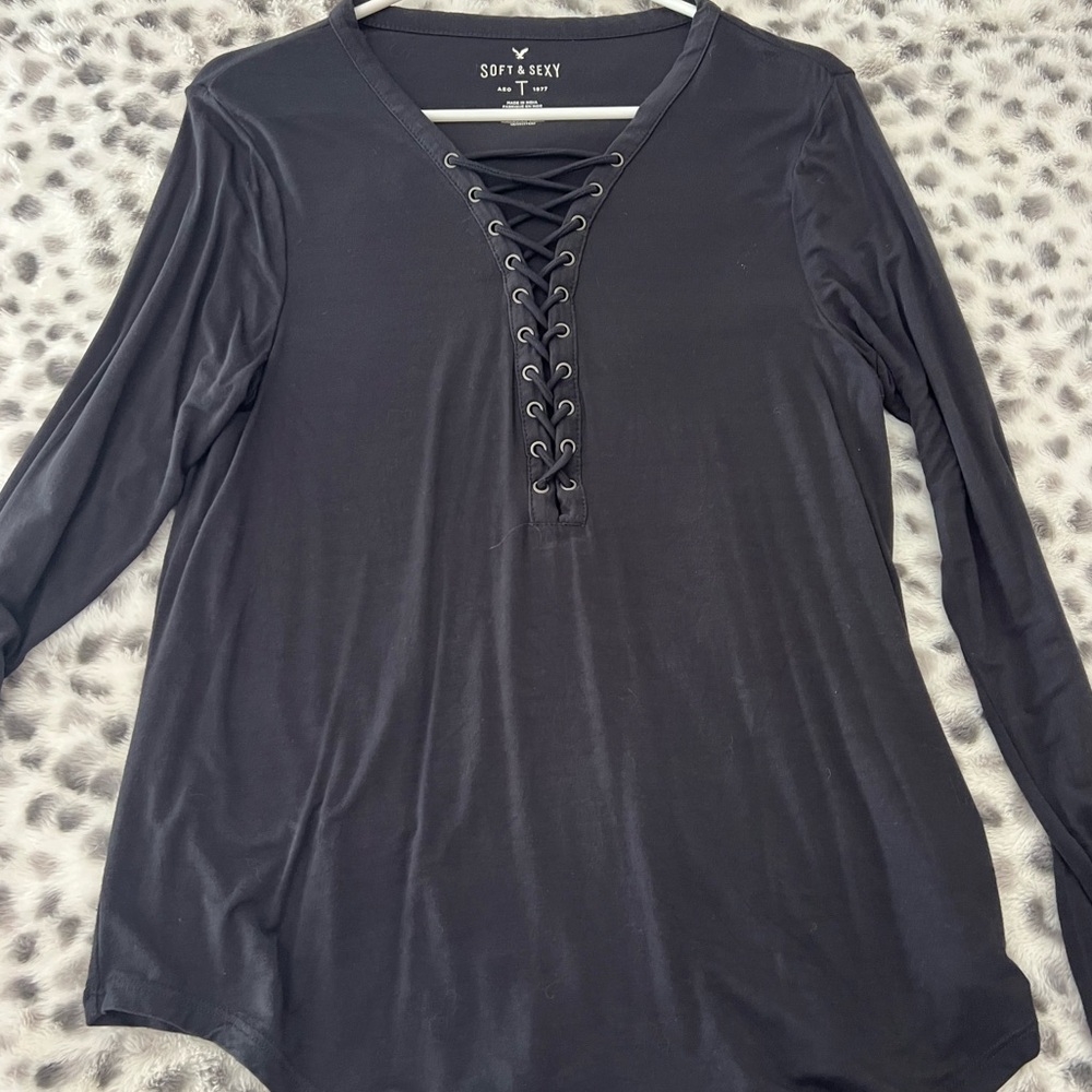 American Eagle Outfitters Black Lace-Up Long Sleeve Tee